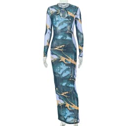 STYLISH LADY Marble Print Mesh Maxi Dress Women O Neck Keyhole Cutout Long Sleeve Bodycon See Through Evening Party Long Dress