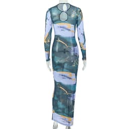 STYLISH LADY Marble Print Mesh Maxi Dress Women O Neck Keyhole Cutout Long Sleeve Bodycon See Through Evening Party Long Dress