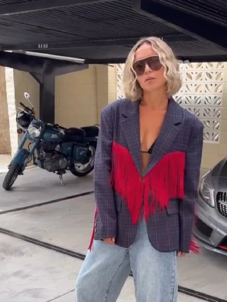 Chic Contrast Plaid Tassel Splice Coat Women Loose Lapel Collar Full Sleeve V-neck Suit Blazer Festival Street Party Outfit 2026