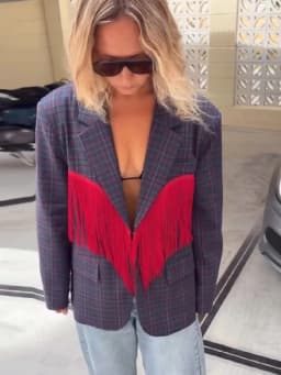 Chic Contrast Plaid Tassel Splice Coat Women Loose Lapel Collar Full Sleeve V-neck Suit Blazer Festival Street Party Outfit 2026