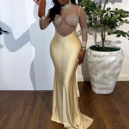 Diamond Design Slim Sexy Long Dress Women Elegant Solid Wrap Hip Dresses Fashion O Neck See Through Mesh Patchwork Banquet Dress