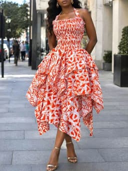 Summer Sleeveless Hollow Dress Casual Pattern Print Ruffle Irregular Long Dress Women's Sexy Halter Backless Slim Bohemian Dress