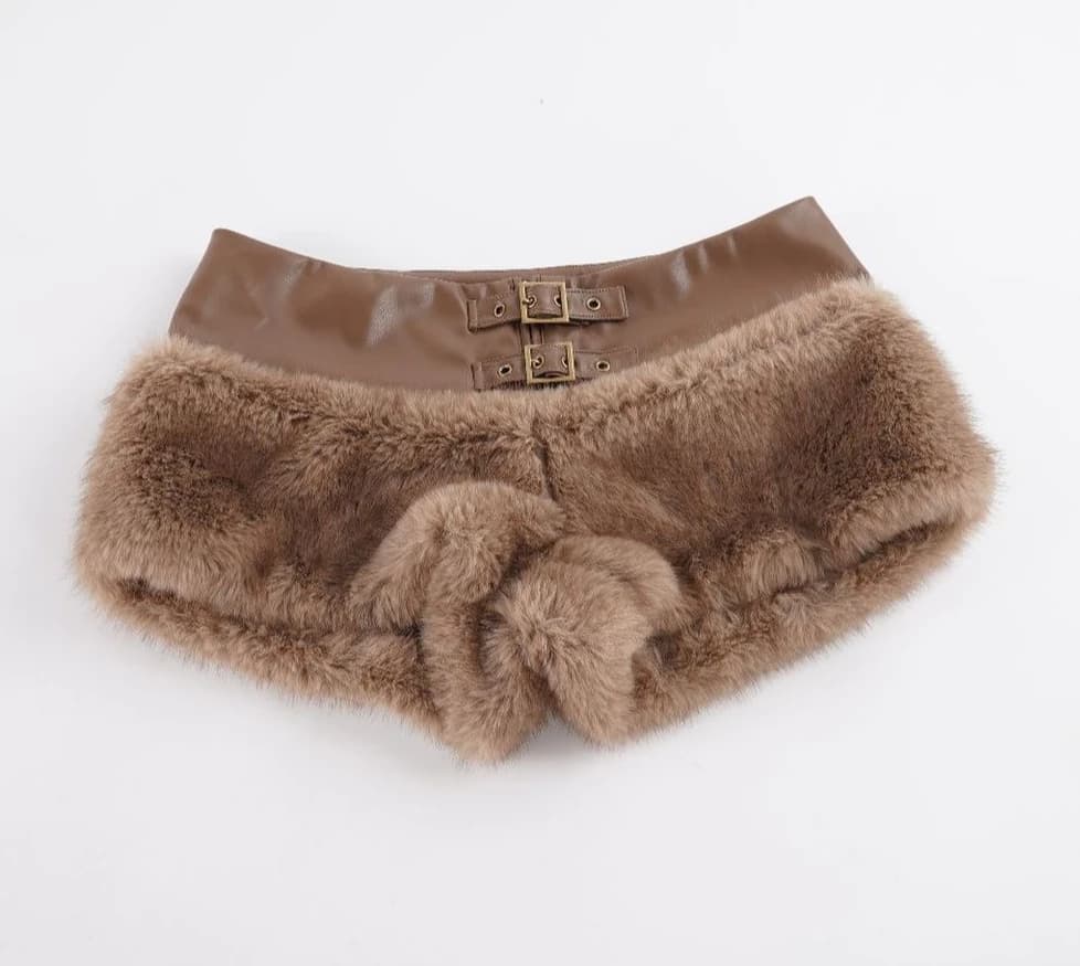 Autumn New Spice Girls Street Waist Straps Pu Leather Splicing Fluffy Shorts Metal Buckle Zipper Design Hot Pants