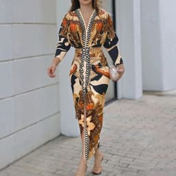 New Autumn Women's Commute Maxi Dress Vintage Pattern Printed V-neck Bodycon Dress Elegant Long Sleeve High Waist Pleated Dress