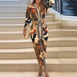 New Autumn Women's Commute Maxi Dress Vintage Pattern Printed V-neck Bodycon Dress Elegant Long Sleeve High Waist Pleated Dress