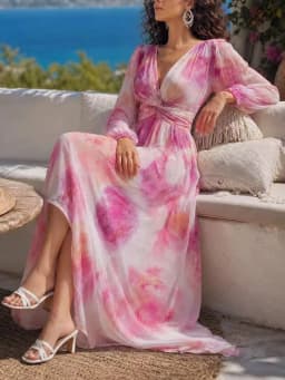 Elegant Lady V Neck Maxi Dress Romantic New Floral Print Twist Waist Dress Lantern Sleeve Chiffon Holiday Beach Party Slit Dress