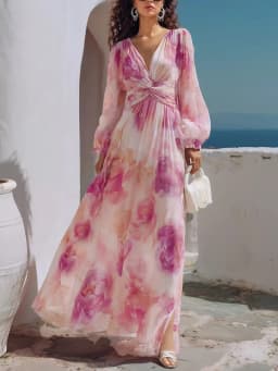 Elegant Lady V Neck Maxi Dress Romantic New Floral Print Twist Waist Dress Lantern Sleeve Chiffon Holiday Beach Party Slit Dress