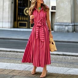 Temperament Tie Up Waist Cinch Shirt Dress Trendy Collar Single Breasted High Waist Dress Retro Vertical Sleeveless Office Dress