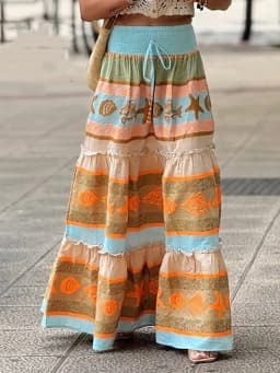 Spring Summer All Match Loose Maxi Skirts, Women Holiday Print Patchwork Chic Skirts, High Elastic Waist Lace-Up Ladies Skirts