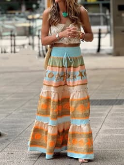Spring Summer All Match Loose Maxi Skirts, Women Holiday Print Patchwork Chic Skirts, High Elastic Waist Lace-Up Ladies Skirts