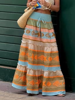 Spring Summer All Match Loose Maxi Skirts, Women Holiday Print Patchwork Chic Skirts, High Elastic Waist Lace-Up Ladies Skirts