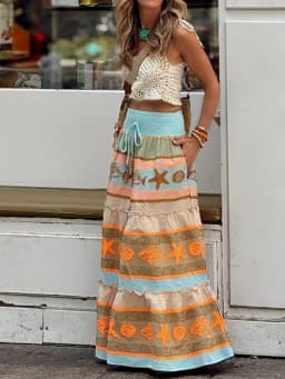 Spring Summer All Match Loose Maxi Skirts, Women Holiday Print Patchwork Chic Skirts, High Elastic Waist Lace-Up Ladies Skirts