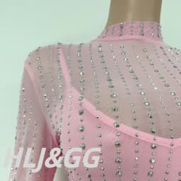 HLJ Elegant Rhinestone Patchwork Bodycon Dresses Women Solid Color Mesh See Through Ruched Dress Female Party Clubwear Vestidos