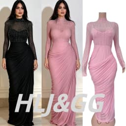 HLJ Elegant Rhinestone Patchwork Bodycon Dresses Women Solid Color Mesh See Through Ruched Dress Female Party Clubwear Vestidos