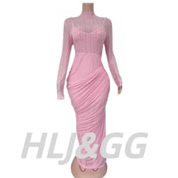 HLJ Elegant Rhinestone Patchwork Bodycon Dresses Women Solid Color Mesh See Through Ruched Dress Female Party Clubwear Vestidos
