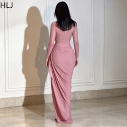 HLJ Elegant Rhinestone Patchwork Bodycon Dresses Women Solid Color Mesh See Through Ruched Dress Female Party Clubwear Vestidos