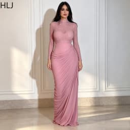 HLJ Elegant Rhinestone Patchwork Bodycon Dresses Women Solid Color Mesh See Through Ruched Dress Female Party Clubwear Vestidos