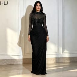 HLJ Elegant Rhinestone Patchwork Bodycon Dresses Women Solid Color Mesh See Through Ruched Dress Female Party Clubwear Vestidos
