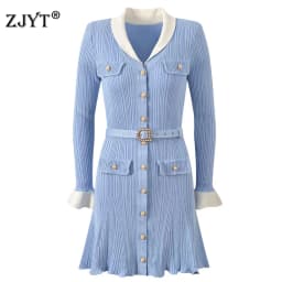 ZJYT Autumn Winter Knitted Sweater Dress for Women Long Sleeve 2026 Fashion New Single Breasted Sweet Casual Dresses with Belt
