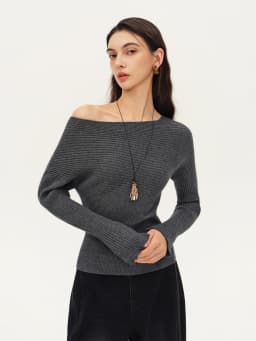 ZIQIAO Women's 2026 Autumn New Style Off-Shoulder Wool Knit Sweater Slimming Waist Long Sleeve Basics Simple Solid
