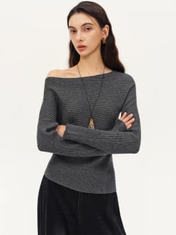 ZIQIAO Women's 2026 Autumn New Style Off-Shoulder Wool Knit Sweater Slimming Waist Long Sleeve Basics Simple Solid