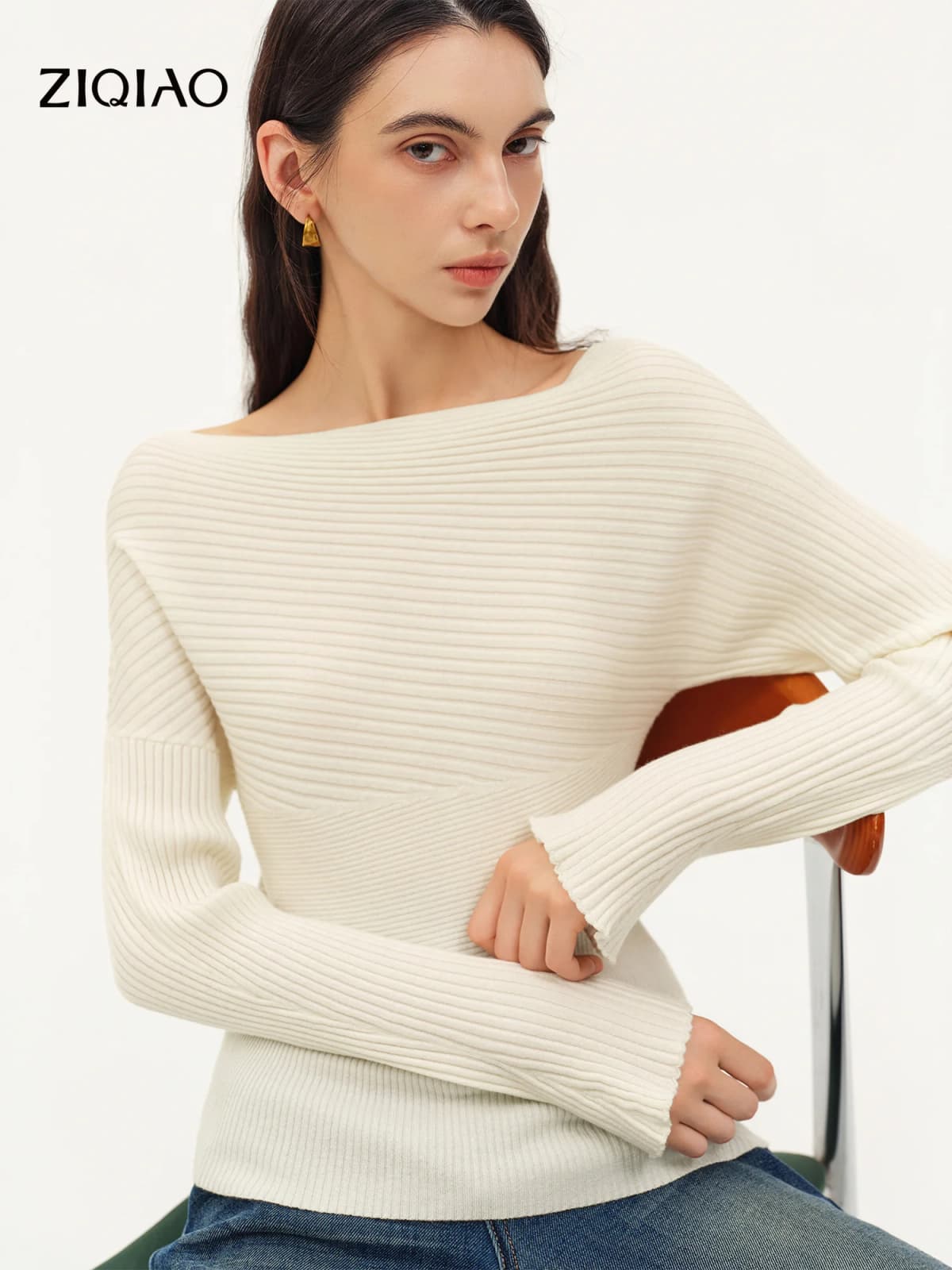 ZIQIAO Women's 2026 Autumn New Style Off-Shoulder Wool Knit Sweater Slimming Waist Long Sleeve Basics Simple Solid