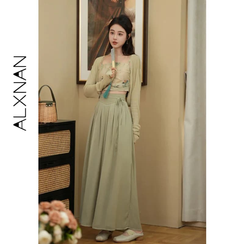 ALXNAN Green Knit Cardigan Soft Light Weight Loose-fit Long Sleeve Casual Outerwear for Women 2026 New Autumn QYM001478