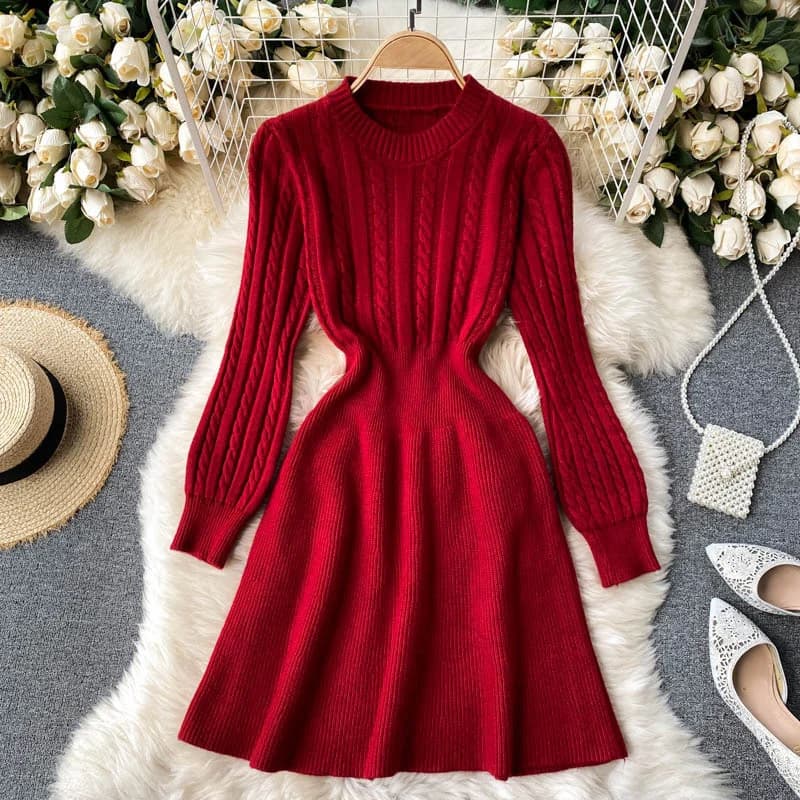Autumn Winter A Line Sweater Dress Women Korean Fashion Long Sleeve Knitted Dresses Woman 2026 Round Neck Warm Midi Dress Ladies
