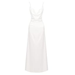 White Satin Slip Maxi Dress Draped Cowl Neck Spaghetti Strap High Split Floor Length Wedding Guest Evening Party Long Dress