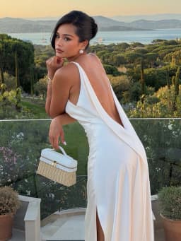 White Satin Slip Maxi Dress Draped Cowl Neck Spaghetti Strap High Split Floor Length Wedding Guest Evening Party Long Dress