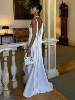 White Satin Slip Maxi Dress Draped Cowl Neck Spaghetti Strap High Split Floor Length Wedding Guest Evening Party Long Dress