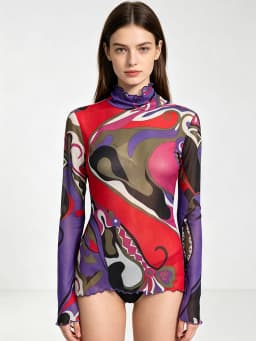 Abstract Printed Gauze Female Upper Collar Ruffled Long Sleeve Slim Elastic Pullover Temperament Bottoming Shirt