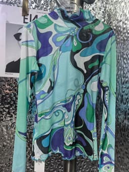 Abstract Printed Gauze Female Upper Collar Ruffled Long Sleeve Slim Elastic Pullover Temperament Bottoming Shirt