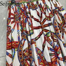 Seifrmann Casual printed cotton skirt slit on both sides button long skirt 2026 autumn fashion women's new style
