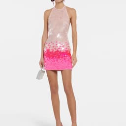 Lady Gradient Sequin Mini Dress Halter Sleeveless Hollow Out Sheer Mesh Bodycon Short Dress Sexy High Waist Wrap Hip Party Dress