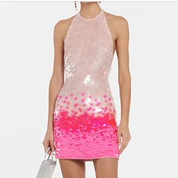 Lady Gradient Sequin Mini Dress Halter Sleeveless Hollow Out Sheer Mesh Bodycon Short Dress Sexy High Waist Wrap Hip Party Dress