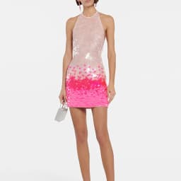 Lady Gradient Sequin Mini Dress Halter Sleeveless Hollow Out Sheer Mesh Bodycon Short Dress Sexy High Waist Wrap Hip Party Dress