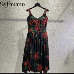 Seifrmann Casual printed cotton suspender dress square neck sleeveless waist mid-length dress 2026 autumn women's new style