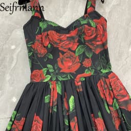 Seifrmann Casual printed cotton suspender dress square neck sleeveless waist mid-length dress 2026 autumn women's new style