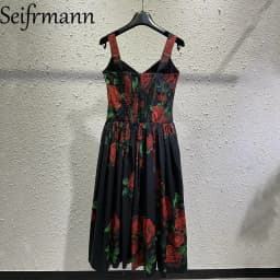 Seifrmann Casual printed cotton suspender dress square neck sleeveless waist mid-length dress 2026 autumn women's new style