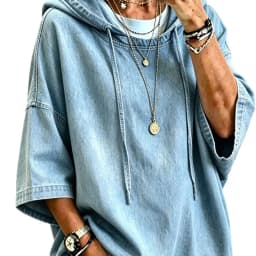 2026 New Denim Hoodie Three Quarter Sleeve Drawstring Loose Casual Pullover Women Streetwear ToP