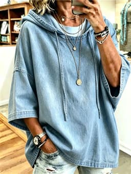 2026 New Denim Hoodie Three Quarter Sleeve Drawstring Loose Casual Pullover Women Streetwear ToP