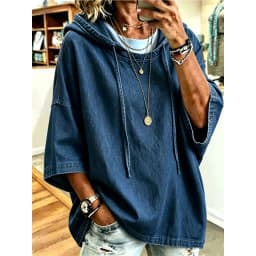 2026 New Denim Hoodie Three Quarter Sleeve Drawstring Loose Casual Pullover Women Streetwear ToP