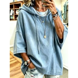 2026 New Denim Hoodie Three Quarter Sleeve Drawstring Loose Casual Pullover Women Streetwear ToP