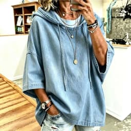 2026 New Denim Hoodie Three Quarter Sleeve Drawstring Loose Casual Pullover Women Streetwear ToP