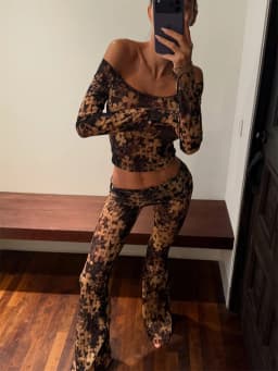 2026 Autumn Casual Women Print Suits 2 Piece Set (Crop Top+Flare Pants) Hot Girl Vintage Tracksuits Transition Outfit Slim
