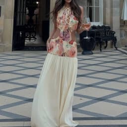 Casual O Neck Hollowed Out Pleated Robe Dress 2026 Summer Vacation Cocktail Dresses Pattern Printed Patchwork Vest Party Dress