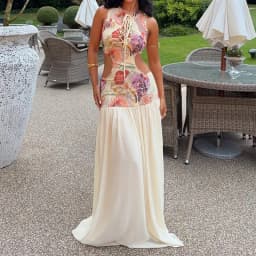 Casual O Neck Hollowed Out Pleated Robe Dress 2026 Summer Vacation Cocktail Dresses Pattern Printed Patchwork Vest Party Dress