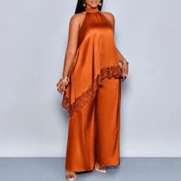 Luxury Lace Splicing Tank Top+Pants 2pc Set Casual Solid Off Shoulder Irregular Office Suit Elegant Half High Neck Loose Outfit