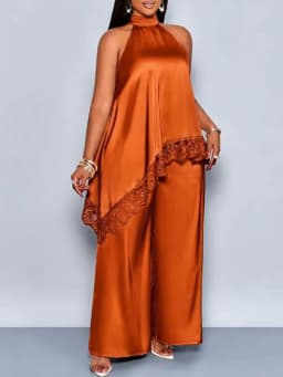Luxury Lace Splicing Tank Top+Pants 2pc Set Casual Solid Off Shoulder Irregular Office Suit Elegant Half High Neck Loose Outfit